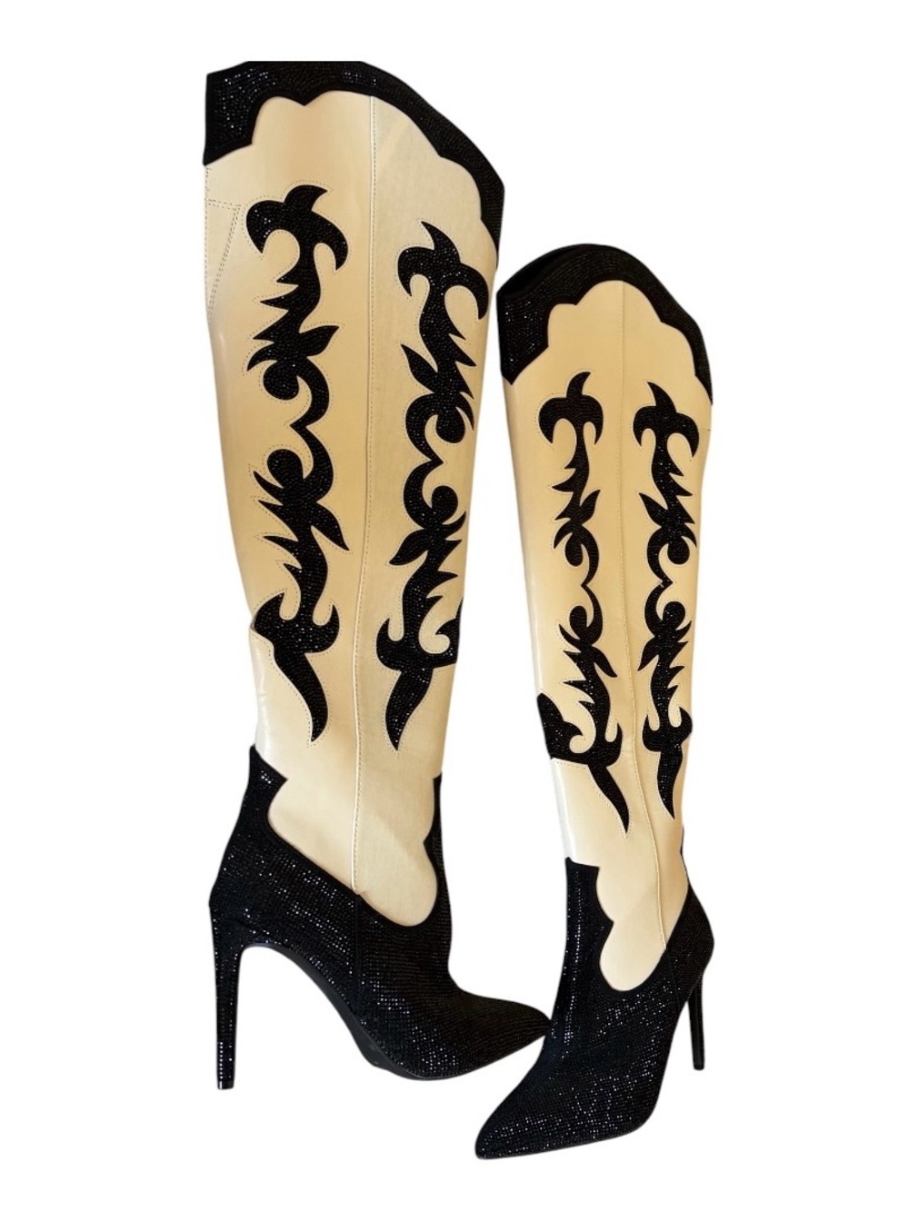 New Thigh high Black sparkly Embellished Western Stiletto Boots